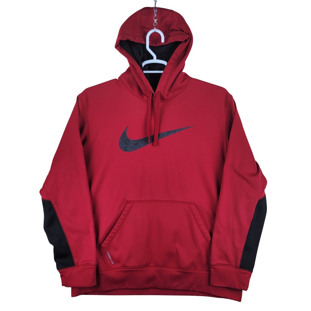 Nike Therma-FIT Hoodie Mens L Red Black Swoosh Pullover Sweatshirt 480085-652